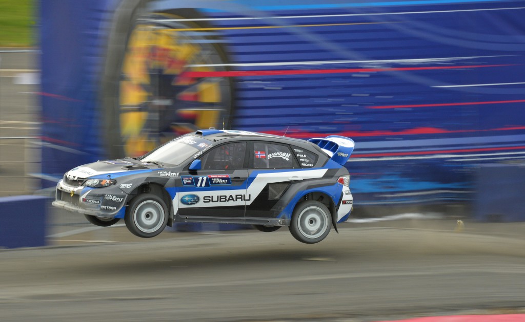 Sverre Isachsen launches his WRX STI over the jump at Red Bull Global Rallycross in Washington D.C.