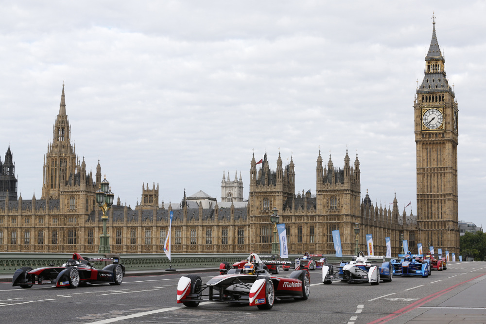 1. The all-electric Formula E cars race on Westminster Bridge