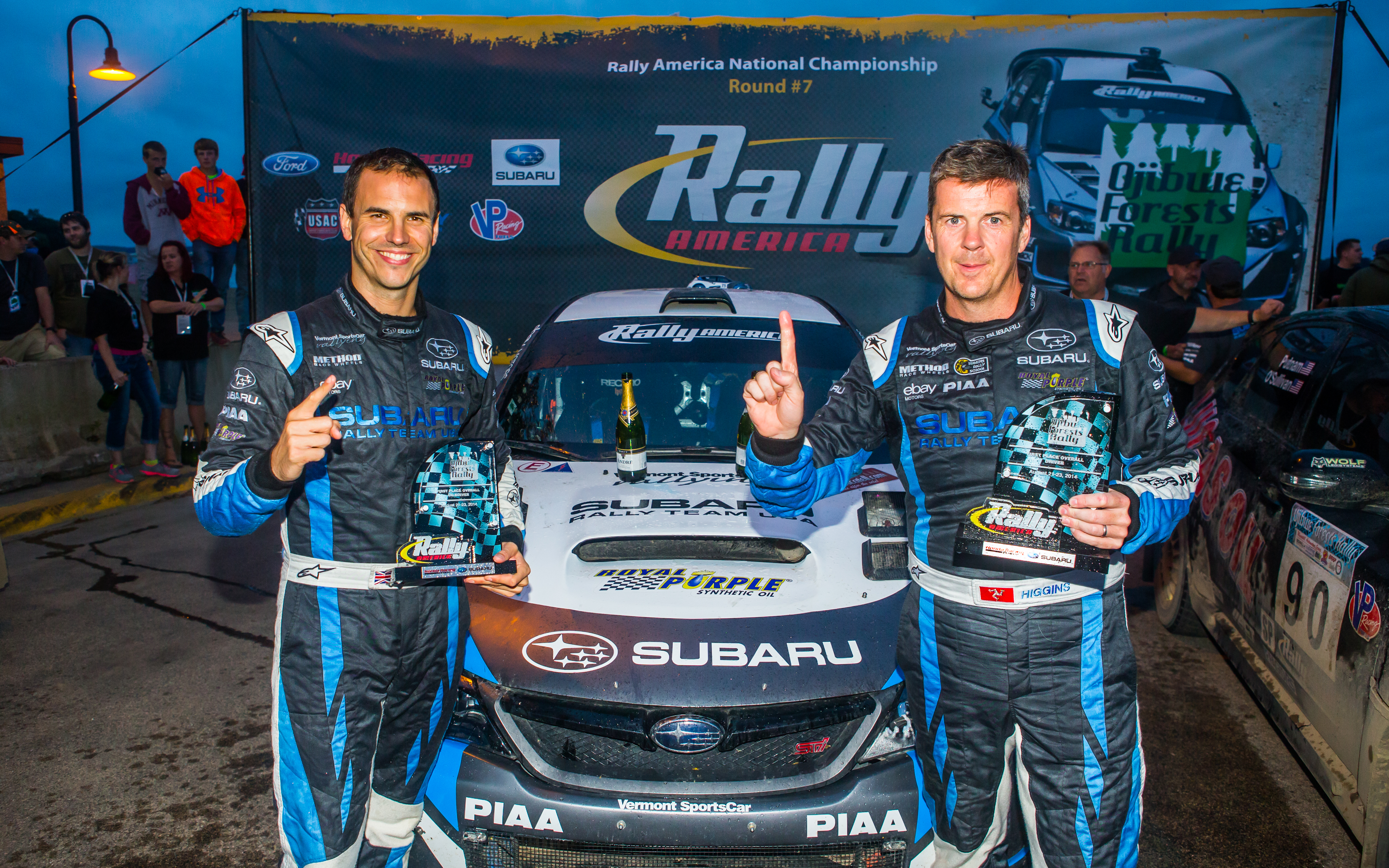 Subaru rally driver Higgins and codriver Craig Drew continued their Rally America winning streak at Ojibwe Forests Rally.