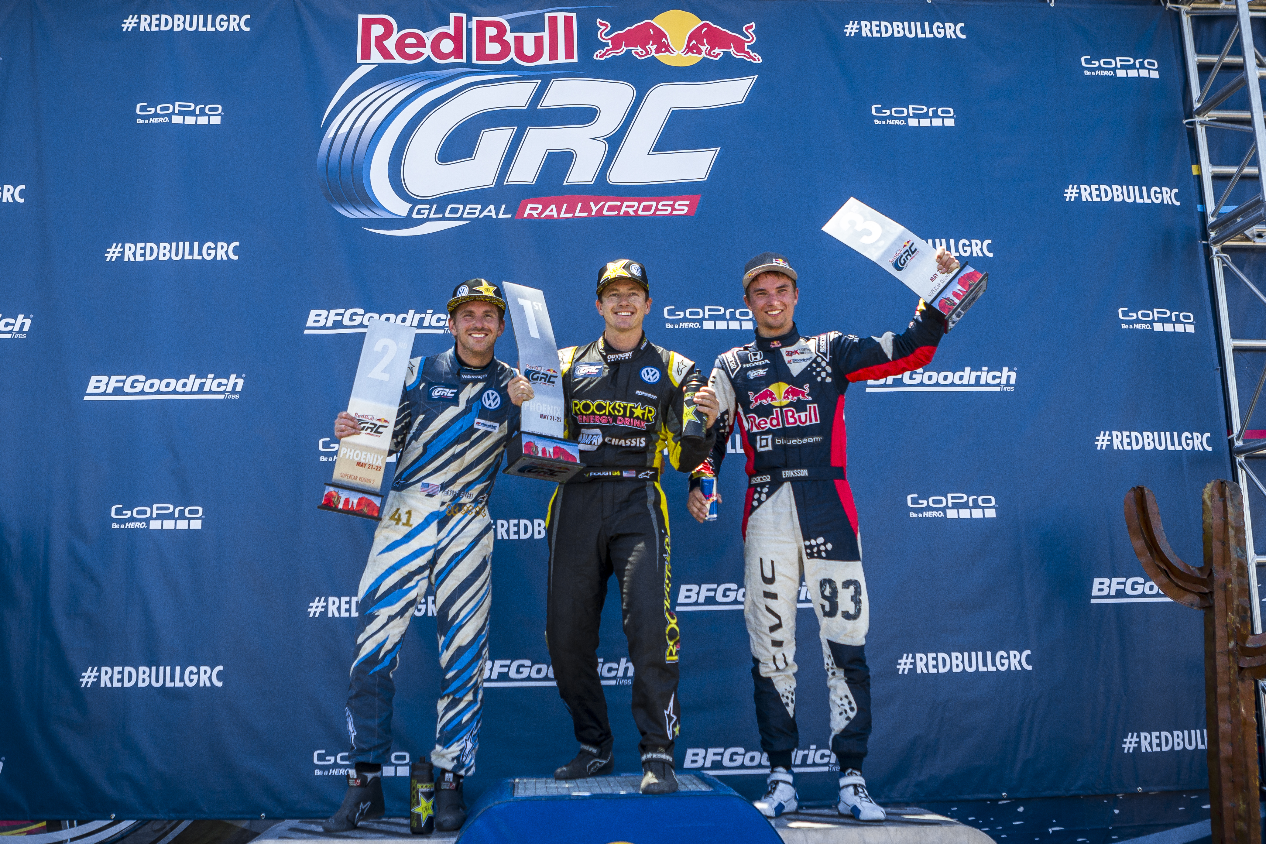 (L-R) Scott Speed, Tanner Faust, and Sebastian Eriksson celebrate on the podium at Round 2 of Red Bull Global Rallycross at Wild Horse Pass Motorsports Park in Phoenix, Arizona, USA on March 22, 2016
